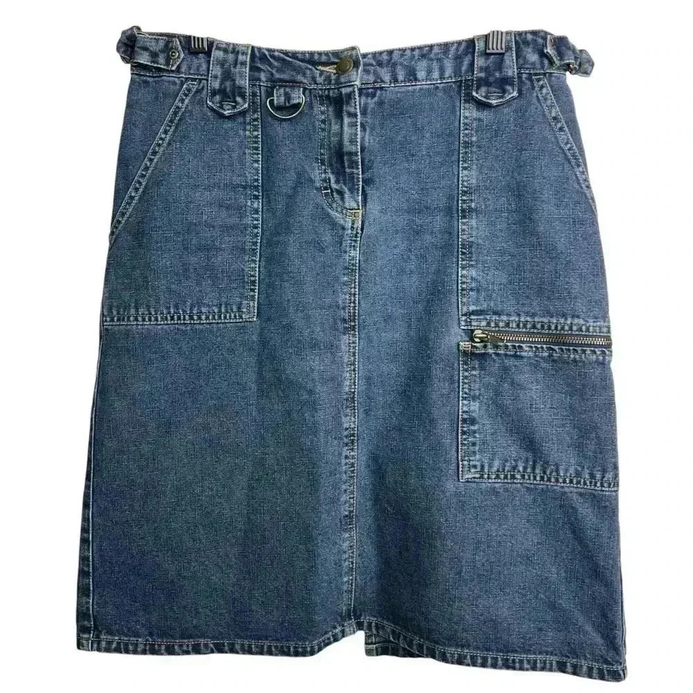 Vintage Faded Glory Womens Midi Medium Wash Denim Skirt Cargo Pockets Size 6